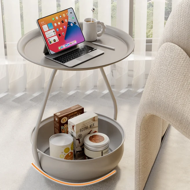 Contemporary Nordic Carbon Steel Round Side Table With 2-Tier Storage For Living Room And Bedroom