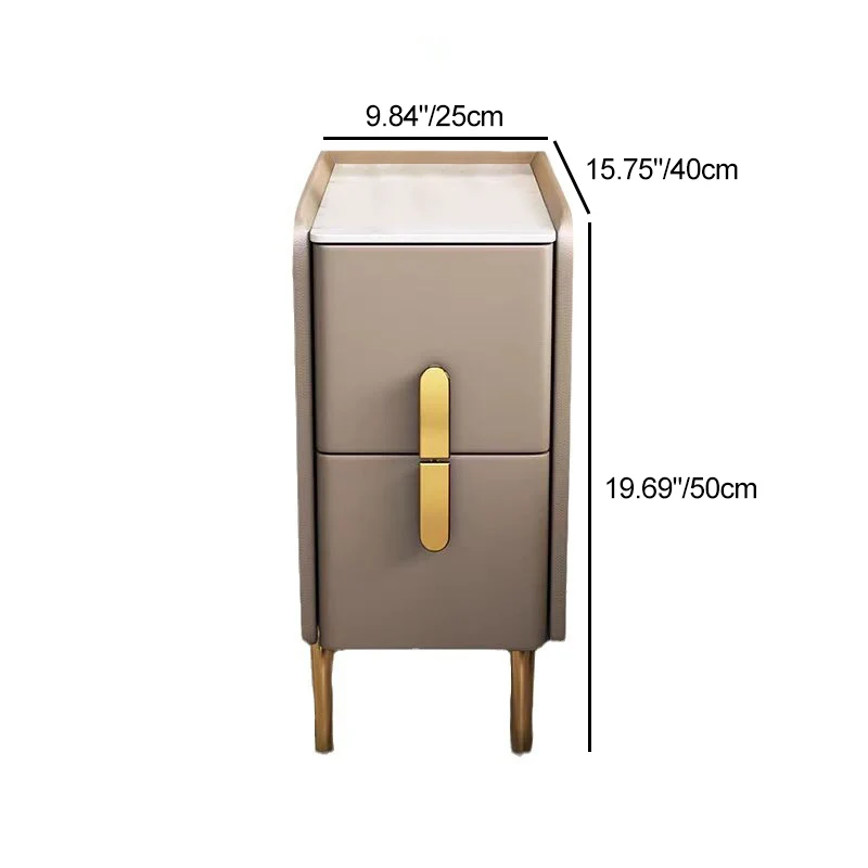 Contemporary Nordic Slab Faux Leather Pine Wood And Carbon Steel Narrow Rectangular Nightstand With 2 Drawers For Bedroom