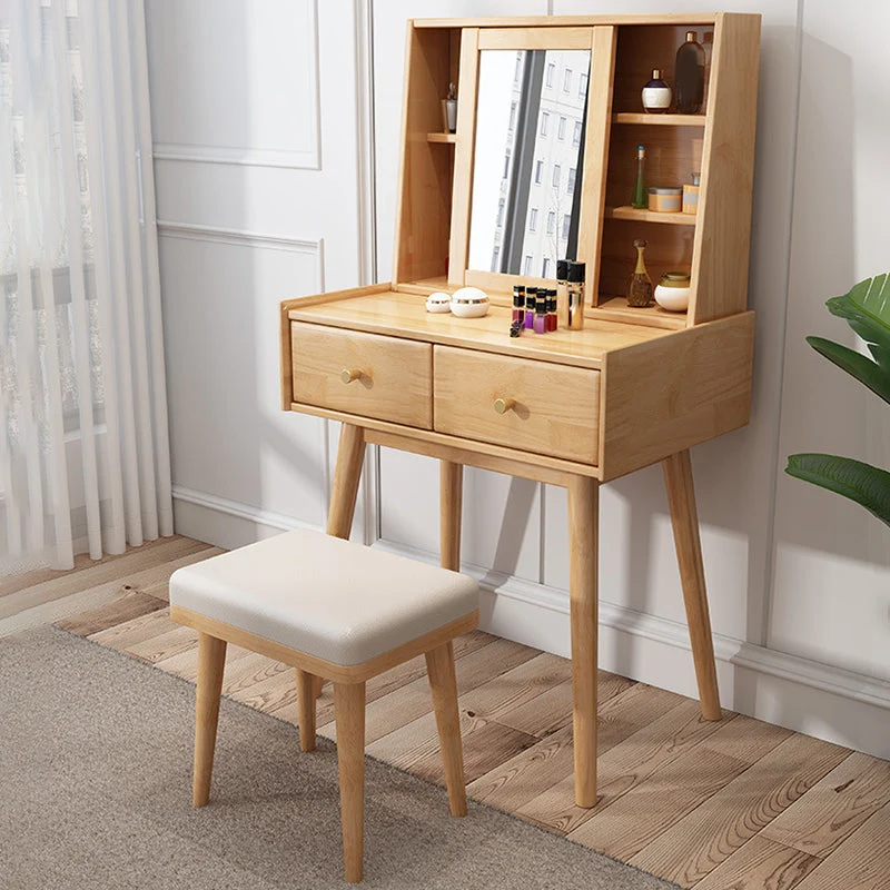2-Drawers Mirror Vanity Table Scandinavian Wood Dressing Table