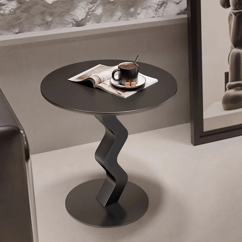 Modern Minimalist Iron Rock Slab Round Top Wave Base Side Table Durable For Living Room Bedroom