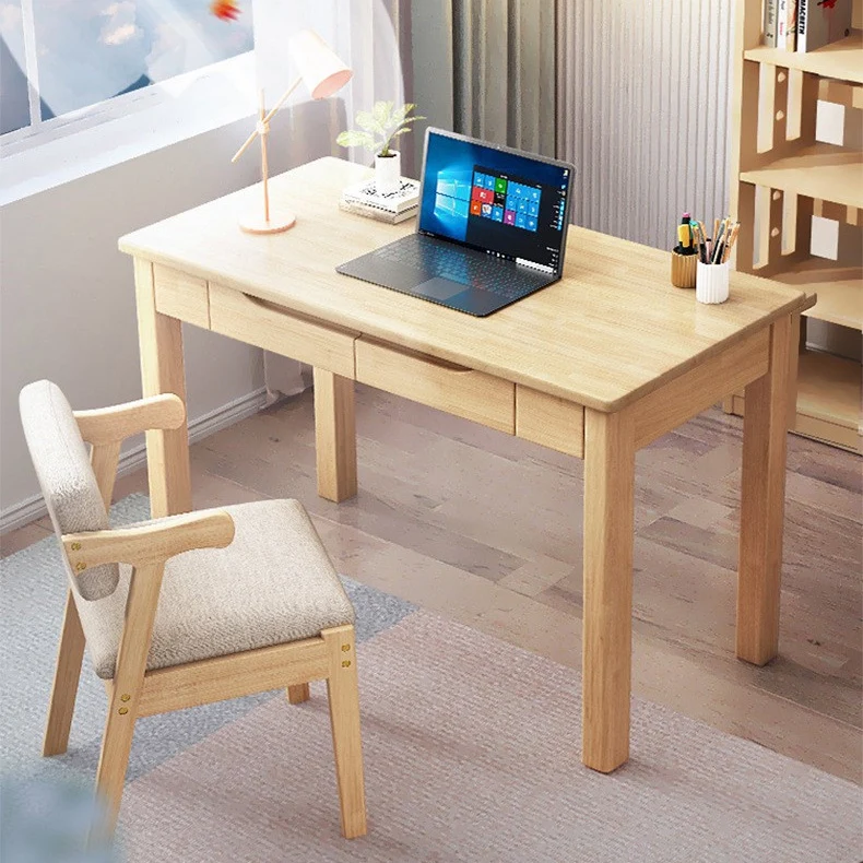 Contemporary Nordic Rubber Wood Plywood Rectangular Desk & Chair Set 2-Drawer For Study