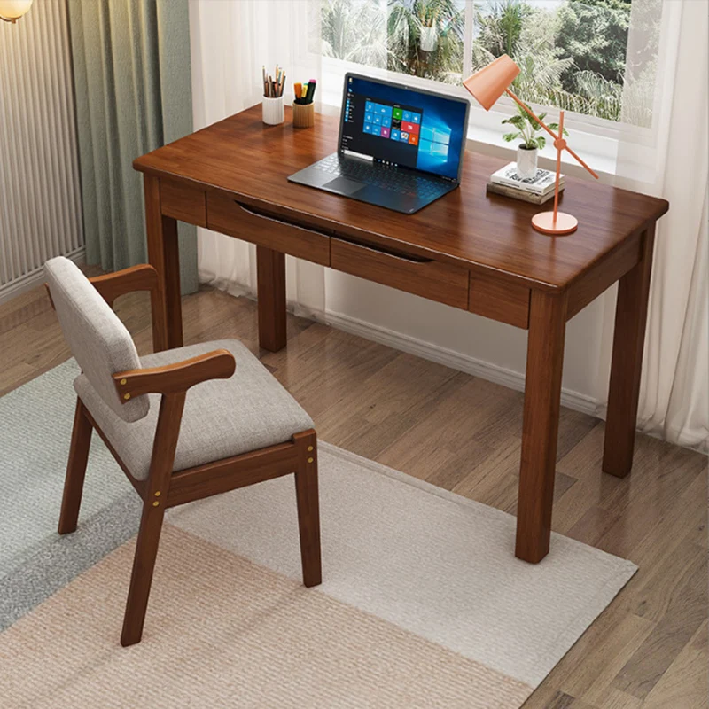 Contemporary Nordic Rubber Wood Plywood Rectangular Desk & Chair Set 2-Drawer For Study