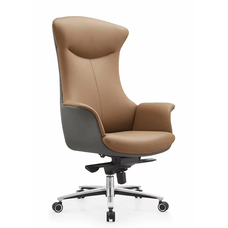 Modern Minimalist Silicone Leather & Full-Grain Cowhide Aluminum Alloy Metal Shell-Back Ergonomic Desk Chair With Armrests & Reclining For Home Office Or Study