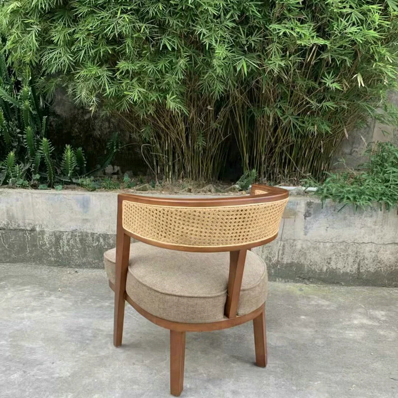 Traditional Japanese Cotton-linen Ash Wood Rattan Weaving Accent Chair With Backrest For Living Room And Dining Room