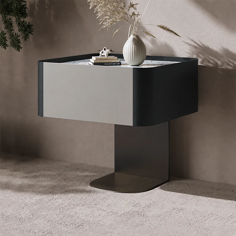 Modern Luxury Square Sintered Stone Top Smoked Wood Veneered Nightstand 1-Drawer For Bedroom