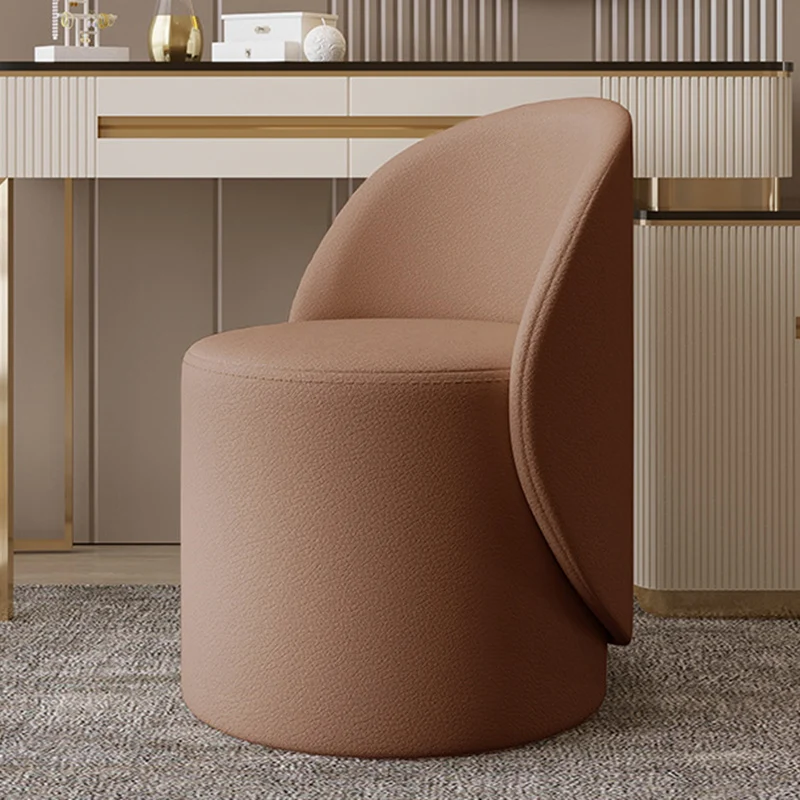 Contemporary Nordic Faux Leather & Rubberwood Cylindrical Vanity Stool With Backrest & Swivel Function For Bedroom
