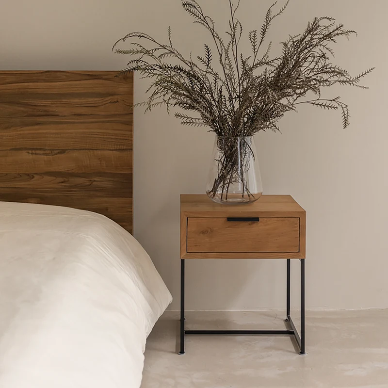 Traditional Japanese Elm Wood Iron Base Rectangular Nightstand 1-Drawer For Bedroom