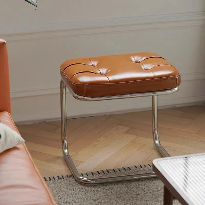 Traditional French Square Geometry PU Leather Genuine Leather Iron Footstool Backless Armless For Entryway