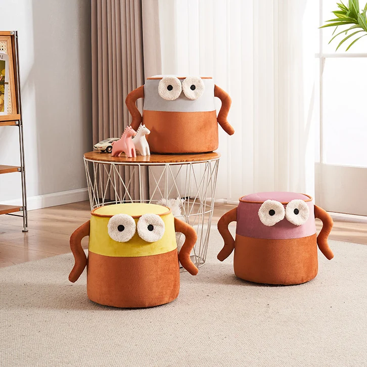 Contemporary Creative Cylinder Big Eyes Solid Wood Flannelette Footstool Backless Armless For Living Room