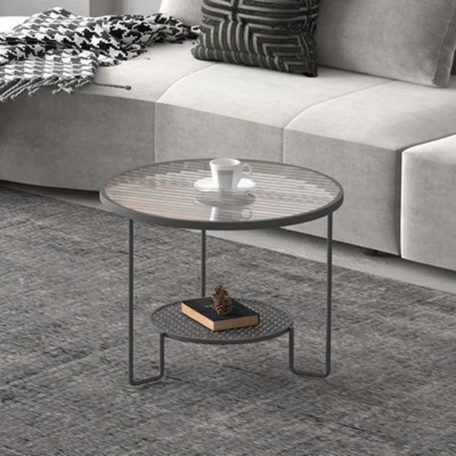 Contemporary Luxury Striped Glass Round Top Iron Frame Coffee Table For Living Room