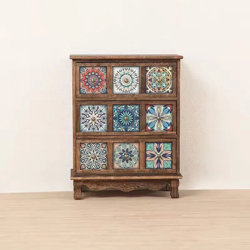 Contemporary Retro Square Cube Storage Cabinet Paulownia Wood Side Table 3/4/6 - Drawer For Living Room