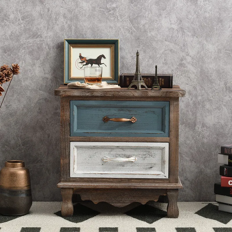 Traditional Vintage Square Cube Paulownia Wood Metal Nightstand 2 - Drawer For Bedroom