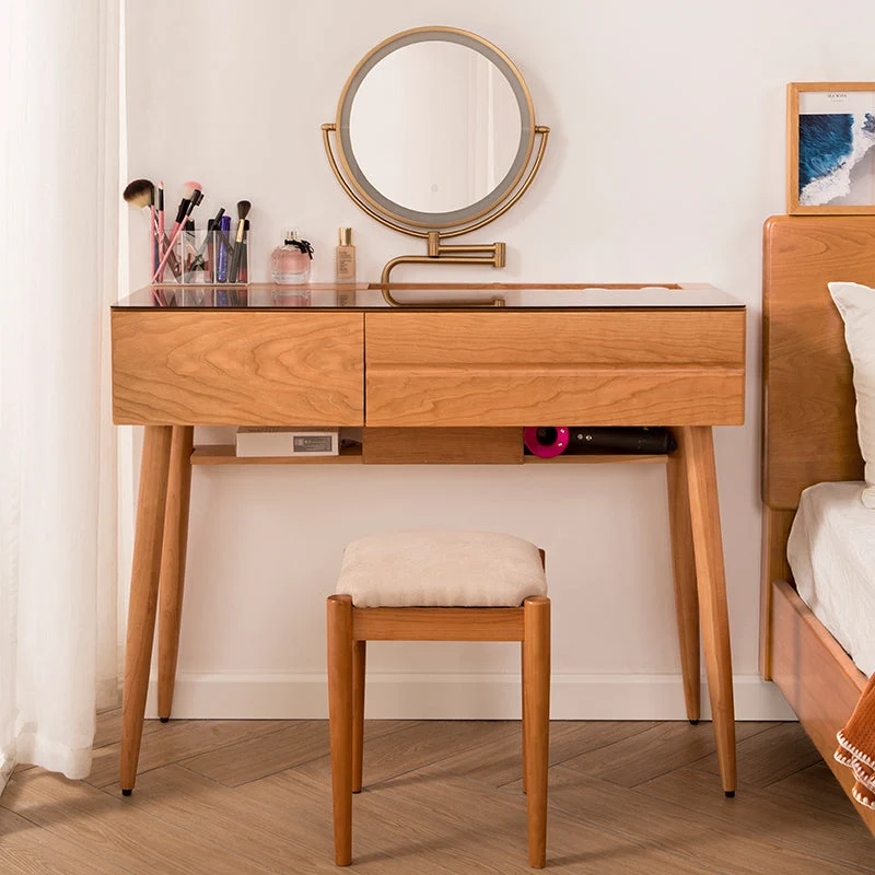 Wood and Glass Makeup Vanity Set With Mirror Standing Vanity Table
