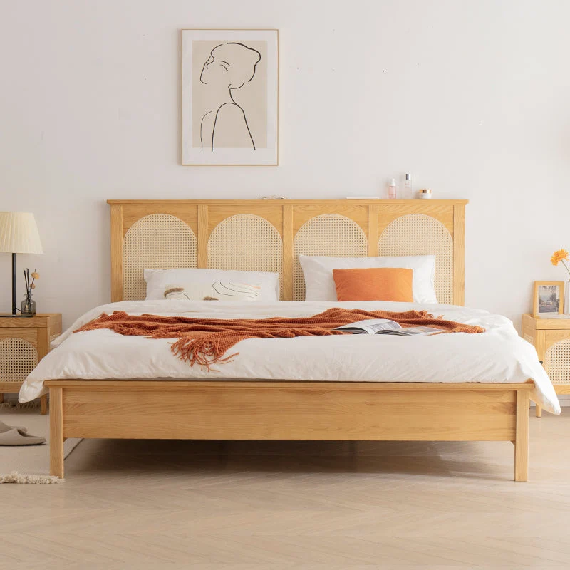 Queen Size Solid Wood Bed Frame Tropical Rattan Panel Bed in Ash
