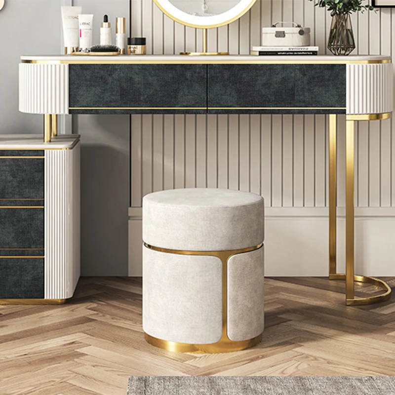 Modern Minimalist Round Cylinder Carbon Steel Velvet Vanity Stool For Bedroom