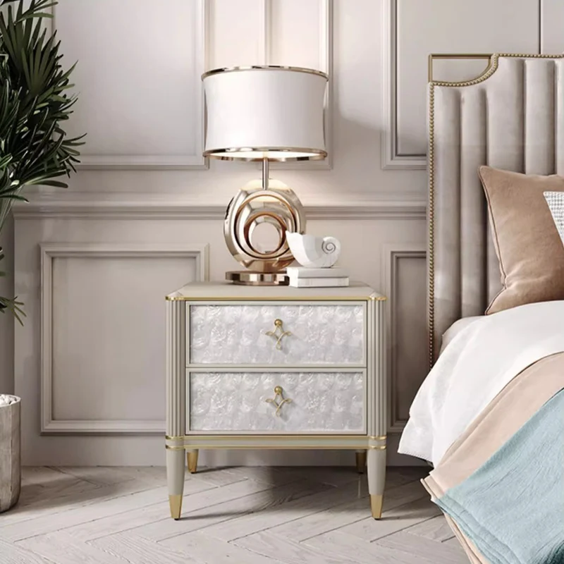 Modern Luxury Champagne Gold Rectangular Tabletop Plywood Hardware Shell 2-Drawer For Bedroom