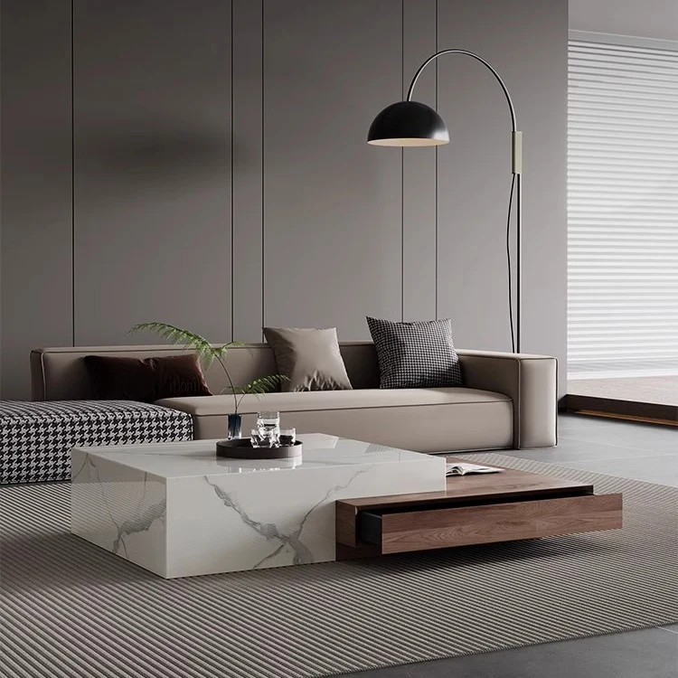 Modern Minimalist Slate Plywood Square Coffee Table Set 2-Drawer For Living Room