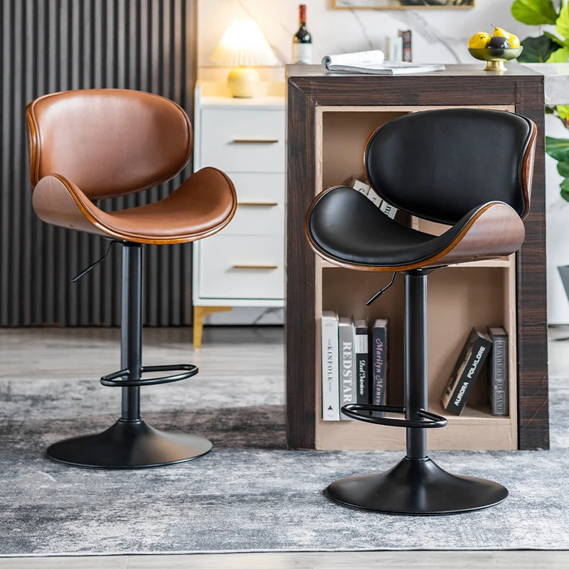 Modern Simplicity Curved Cowhide Leather Contact Surface Poplar Wood Height Adjustable Bar Stool Backrest Footrest For Dining Room
