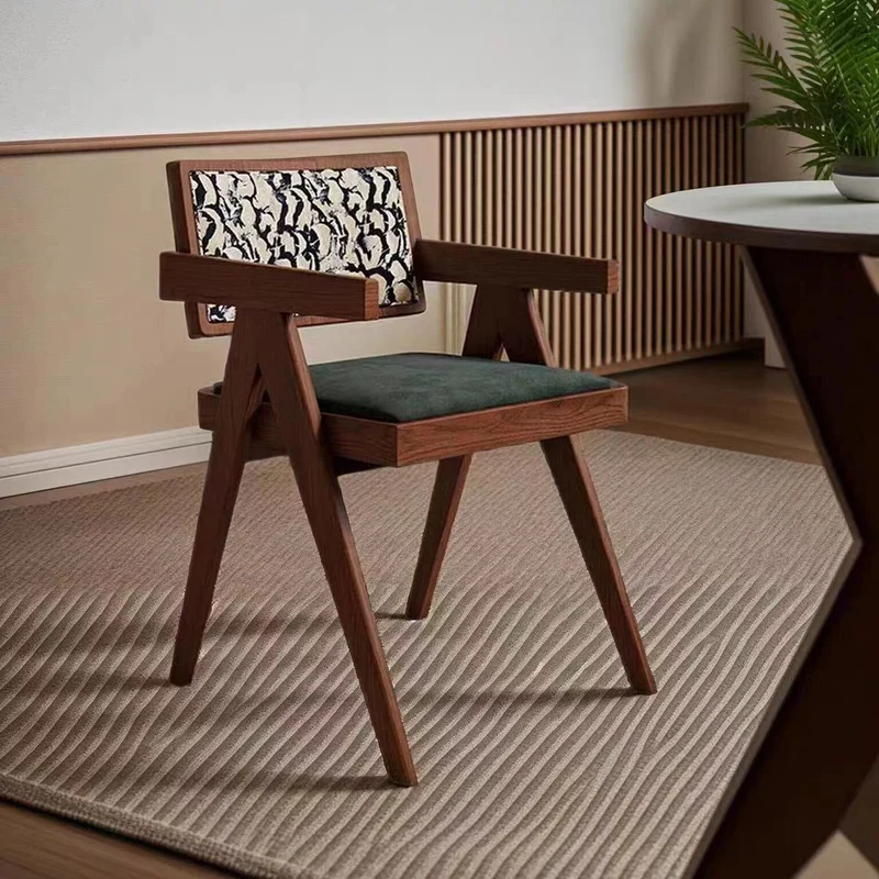 Traditional Vintage Square Solid Velvet Dining Chair Backrest Armrest For Living Room