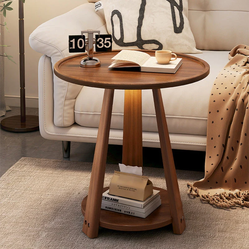 Modern Minimalist Round Tripod Rubberwood Coffee Table 2-Tier For Living Room