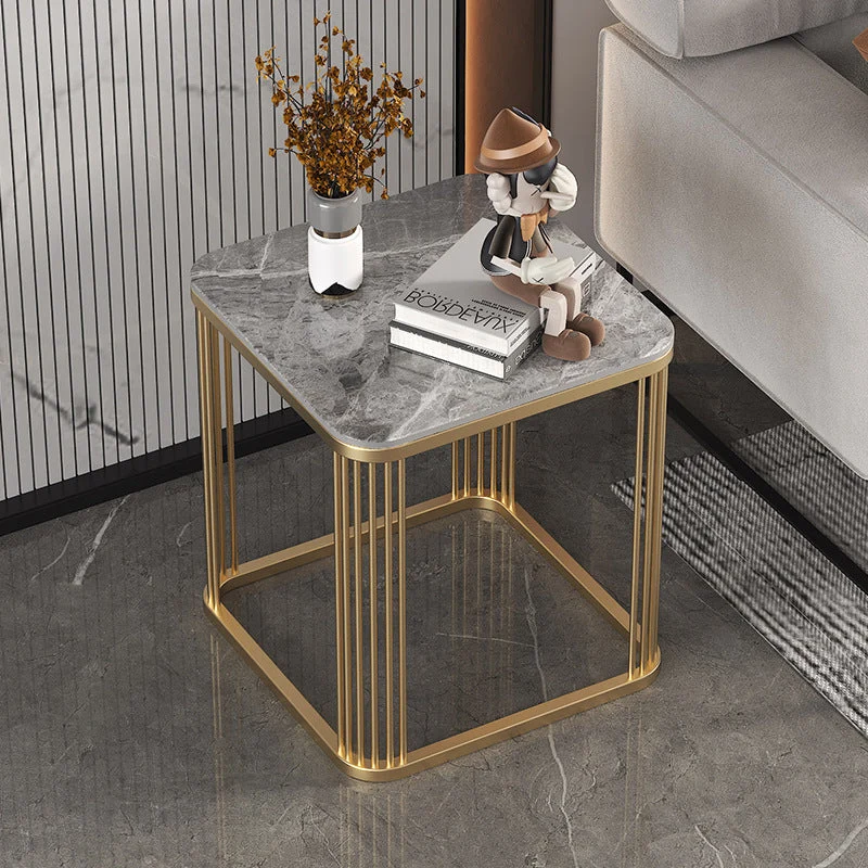 Modern Minimalist Square Rock Slab Iron Coffee Table For Living Room