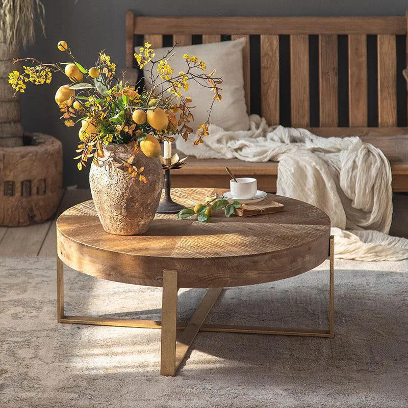 Traditional Retro Round Square Cedar Wood Iron Coffee Table For Living Room