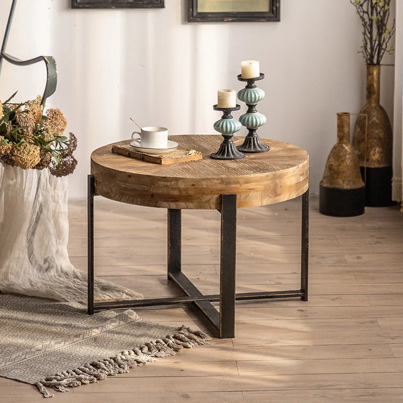 Traditional Vintage Round Distressed Wood MDF Iron Cross Legs Coffee Table For Living Room