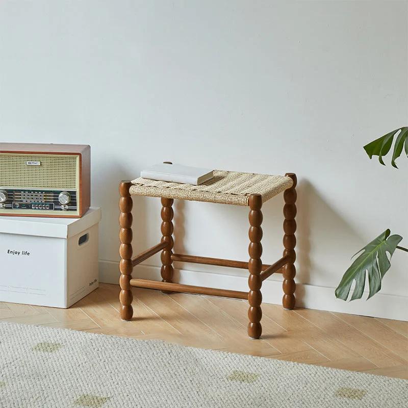 Contemporary Retro Rectangular Solid Wood Kraft Rope Weaving Coffee Table For Living Room
