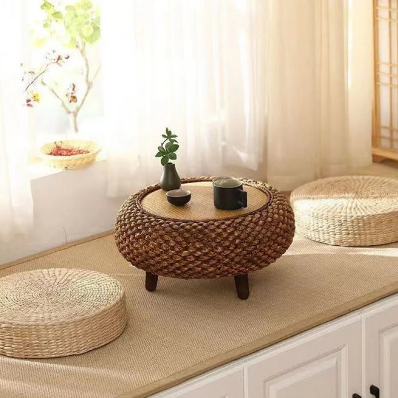Traditional Japanese Oval Narcissus Rattan Poplar Wood Coffee Table Storage For Living Room