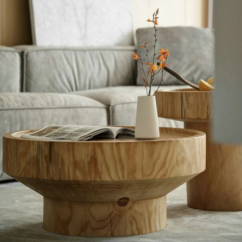 Traditional Japanese Round Pine Wood Coffee Table 1-Tier For Living Room