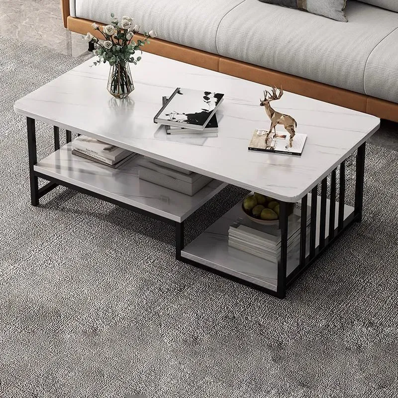 Contemporary Simplicity MDF Steel Rectangular Marble Texture Board Top Coffee Table 2-Tier Storage Shelves For Living Room
