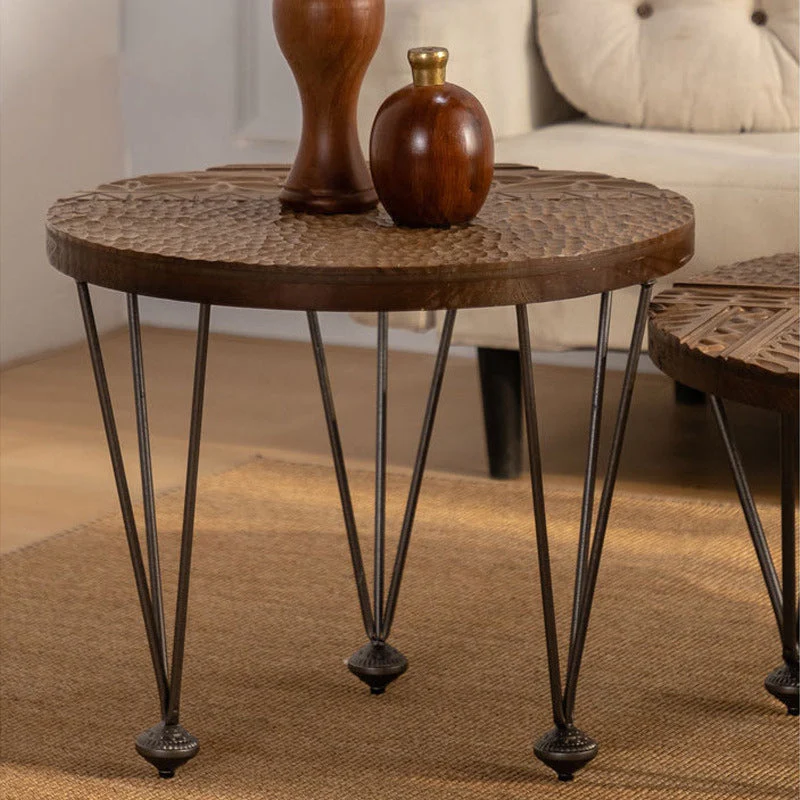 Traditional Rustic Round Density Plate Knotless Pine Iron Coffee Table For Living Room