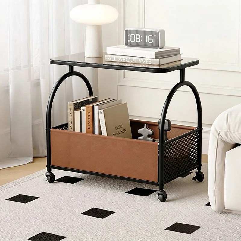 Modern Minimalist Rectangular Iron Faux Leather Glass Removable Coffee Table 1-Storage For Living Room