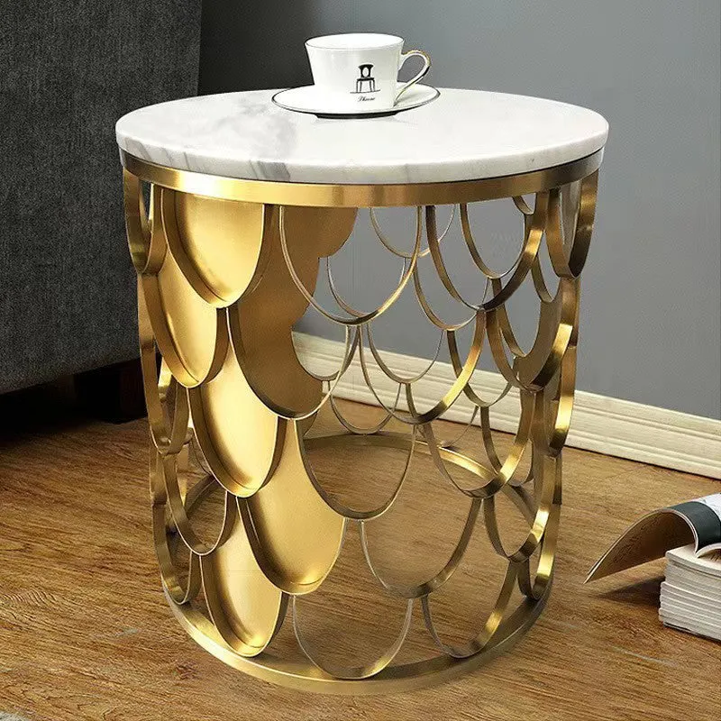 Modern Luxury Round Cylinder Scale Shape Engineered Marble Stainless Steel Coffee Table For Living Room
