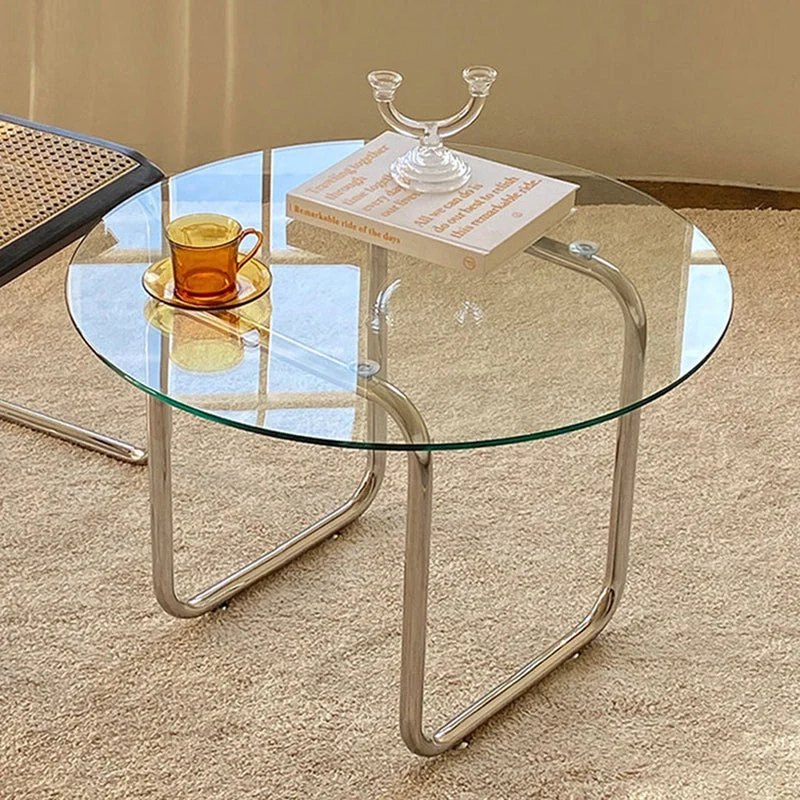 Modern Minimalist Round Glass Stainless Steel Base Coffee Table For Living Room