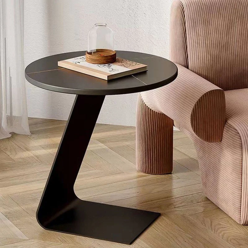 Contemporary Scandinavian Round Rock Slab Carbon Steel Round Curved Base Coffee Table For Living Room