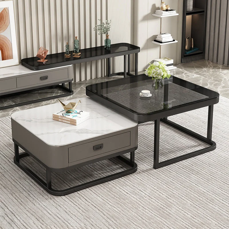 Modern Minimalist Square Rock Slab Glass Carbon Steel Faux Leather MDF Combination Coffee Table 1-Drawer For Living Room