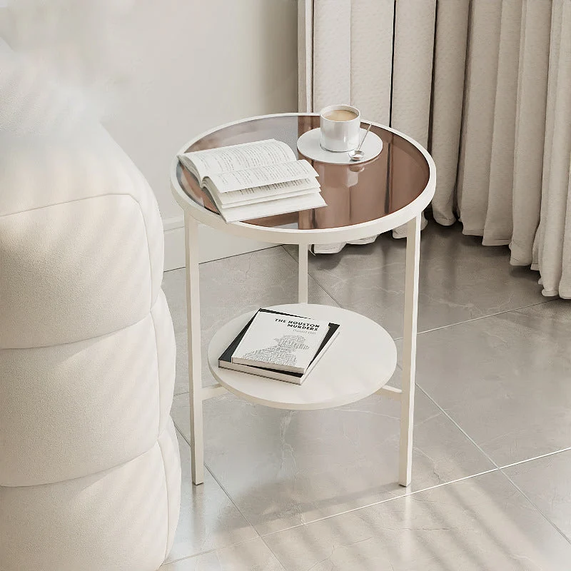 Modern Minimalist Round Table Top Glass Iron Sintered Stone Coffee Table 1-Shelf For Living Room