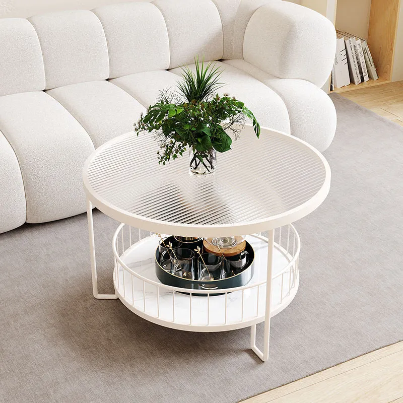 Modern Minimalist Round Tabletop Metal Tempered Glass Coffee Table 1-Shelf For Living Room