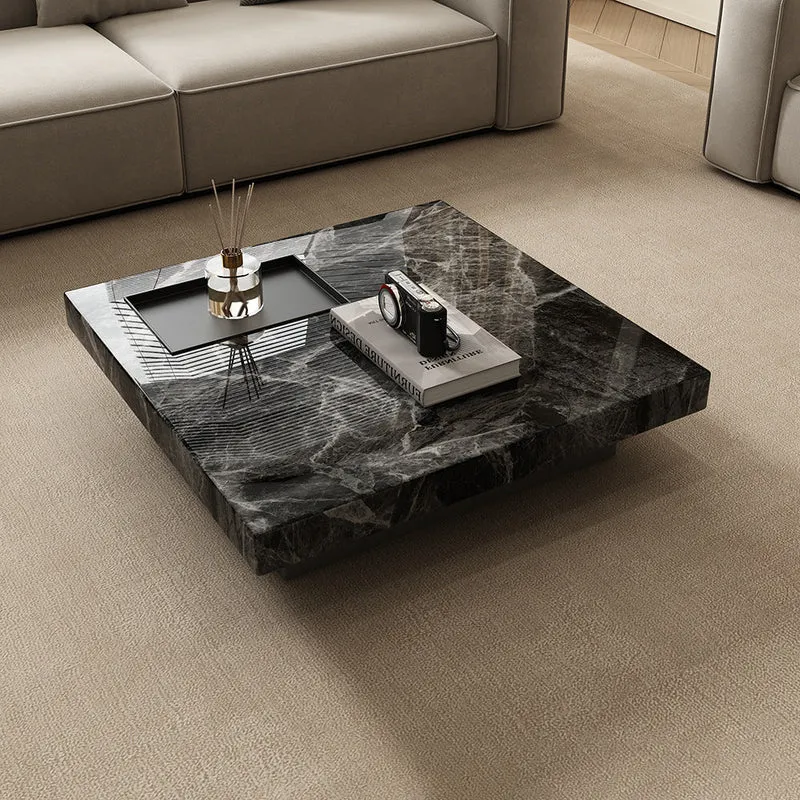 Modern Simplicity Square Stone Slab Carbon Steel Coffee Table 1-Tray For Living Room
