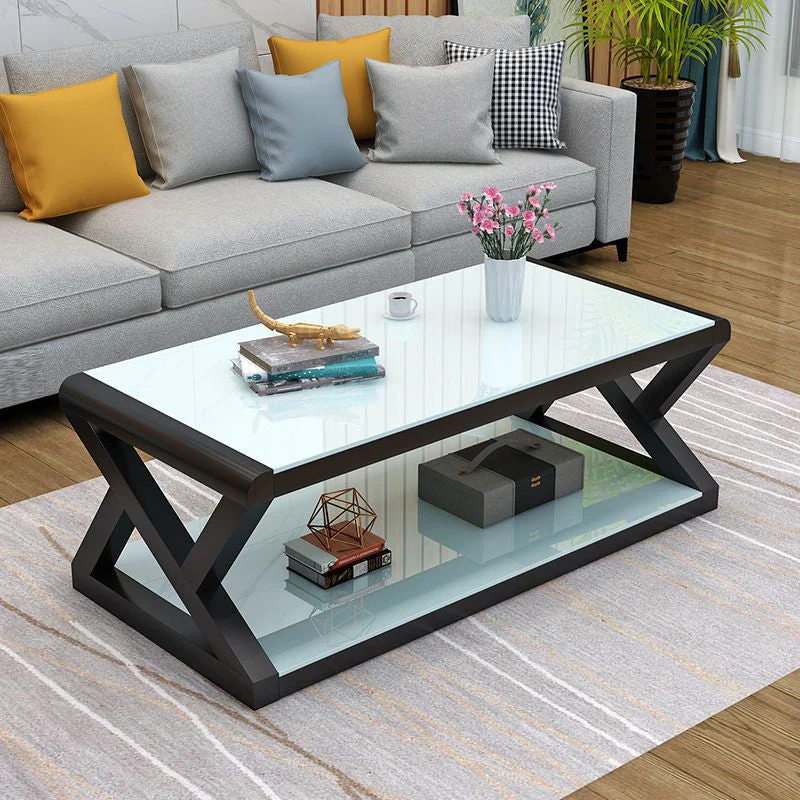 Modern Simplicity Rectangular Reinforced Glass Galvanized Carbon Steel Coffee Table 2-Tier For Living Room