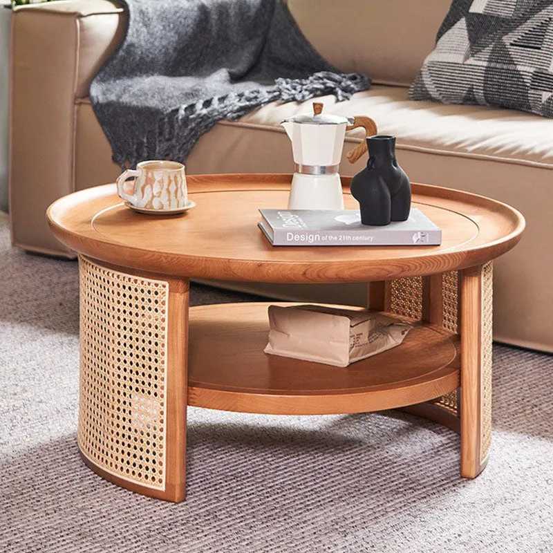Traditional Japanese Round Ash Wood Rattan Plywood Coffee Table 2-Tier For Living Room