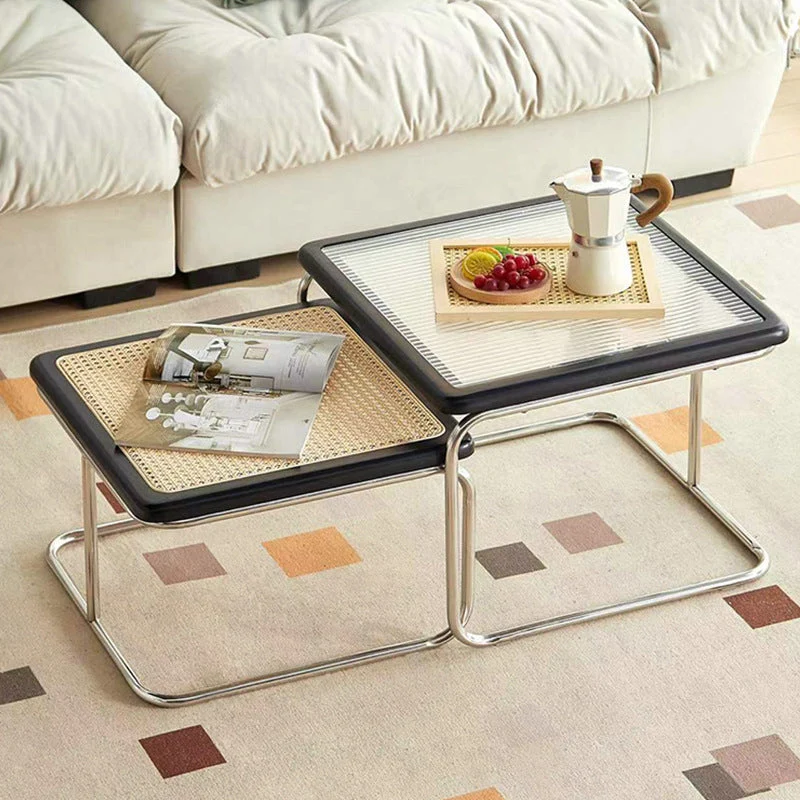Contemporary Nordic Square Glass Rattan Top Stainless Steel Nesting Coffee Table For Living Room