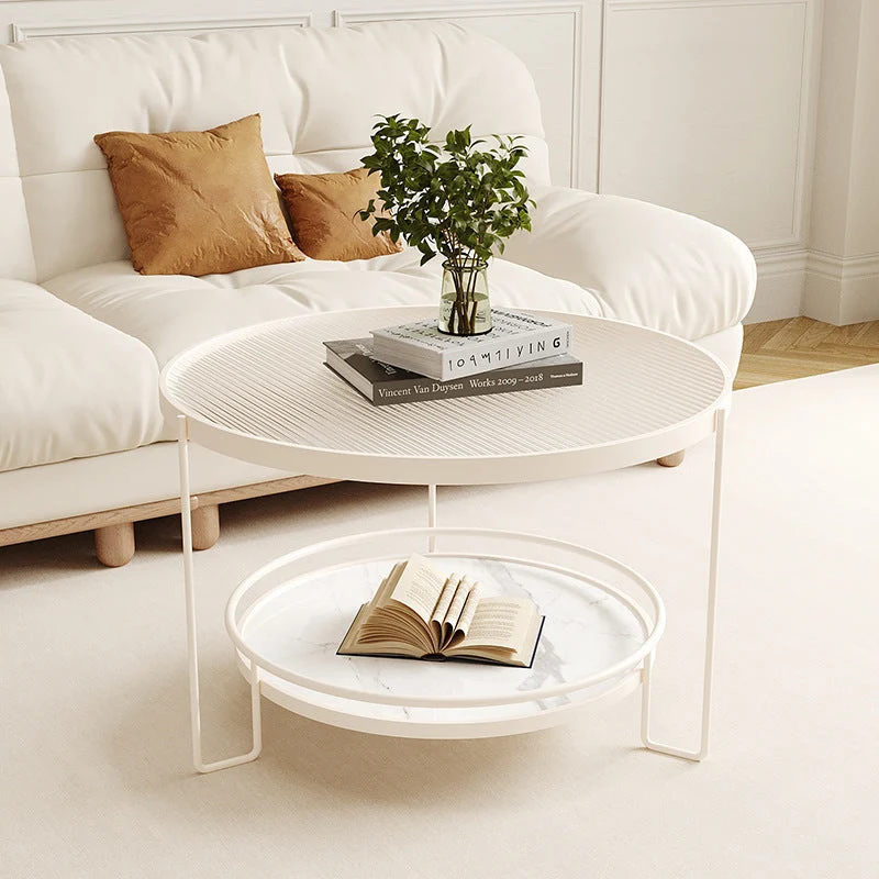 Modern Minimalist Round Glass Eco Board Iron Coffee Table 2-Tiers For Living Room