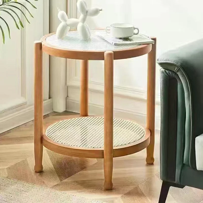 Modern Minimalist Round Rubberwood Glass Faux Rattan Coffee Table 2-Tier For Living Room