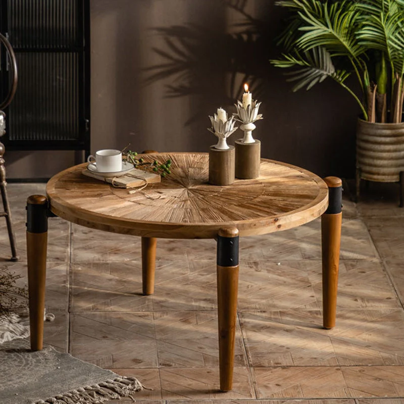 Traditional Rustic Round Pine Iron Coffee Table 1-Tier For Living Room