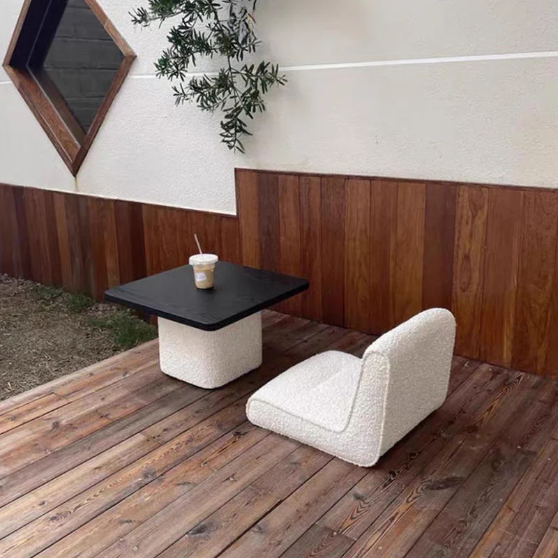 Traditional Japanese Square Sherpa Fabric White Toon Pine Wood Coffee Table & Chair Set Tatami For Living Room