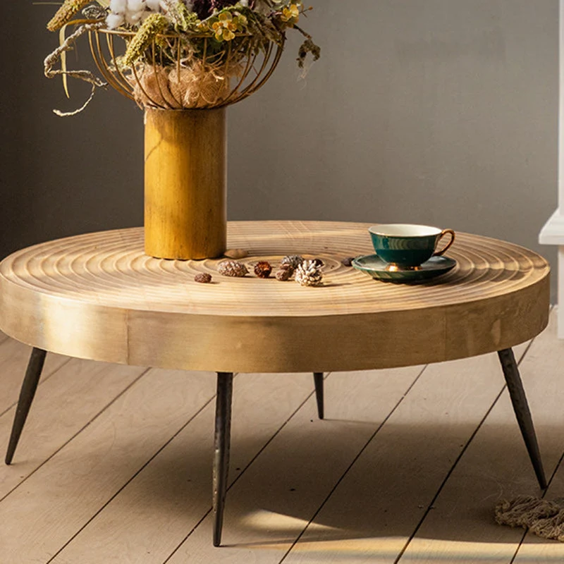 Traditional Japanese Round Tabletop Medium Density Fiberboard Iron Coffee Table 3/4-Leg For Living Room