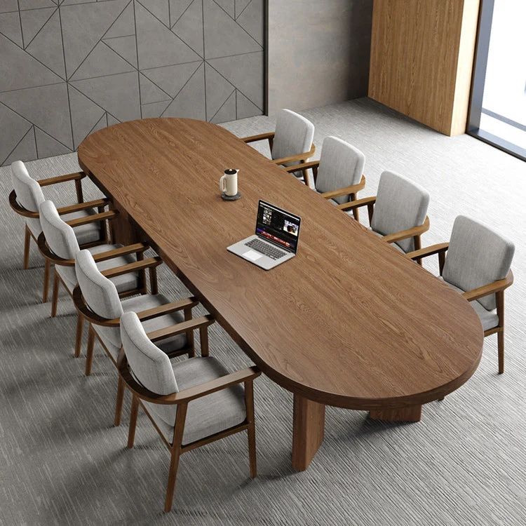 Solid Wood Top Dining Table Modern Oval Table with 4 Legs in Brown