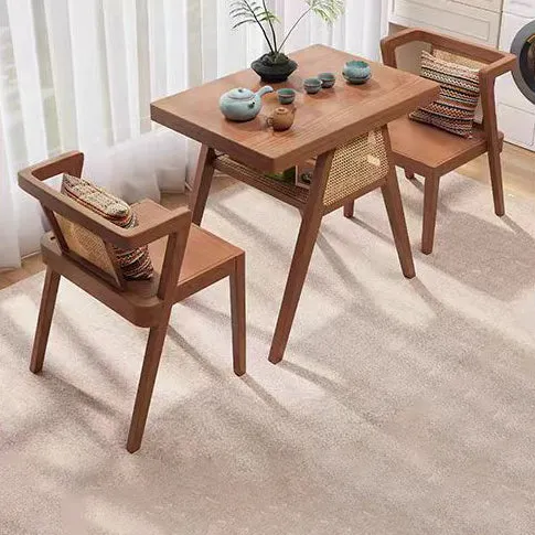 Contemporary Scandinavian Rectangular Tabletop Rubberwood Faux Rattan Coffee Table 1-Shelf For Living Room
